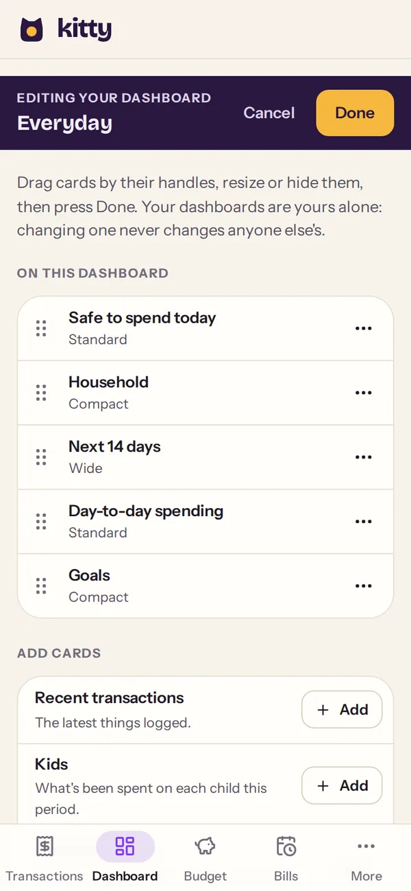 Editing the dashboard on a phone: its cards in order, each with a handle to drag it and its size, and more cards to add.
