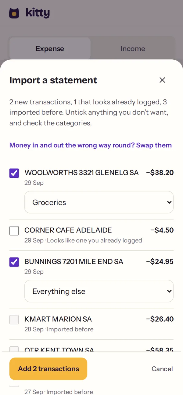 A statement being imported: two new rows with categories, a coffee marked as already logged, and a row imported before.